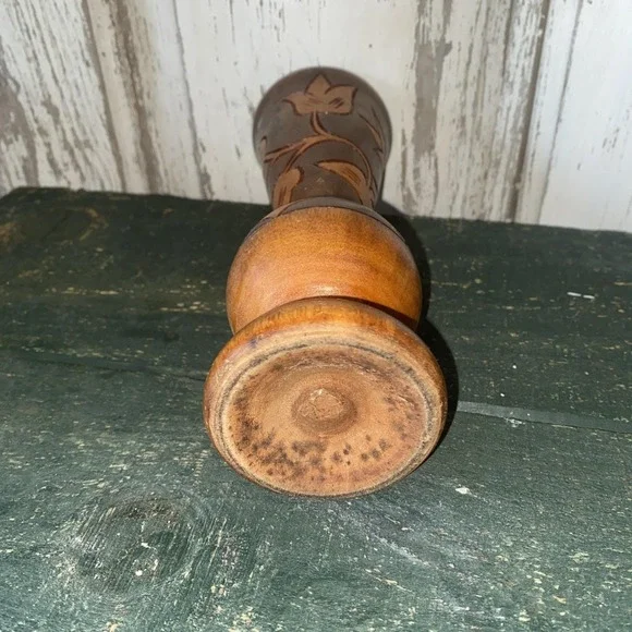 Vintage MCM Wooden Vase With Carved Leaves and Flowers 9" Tall - Picture 7 of 7